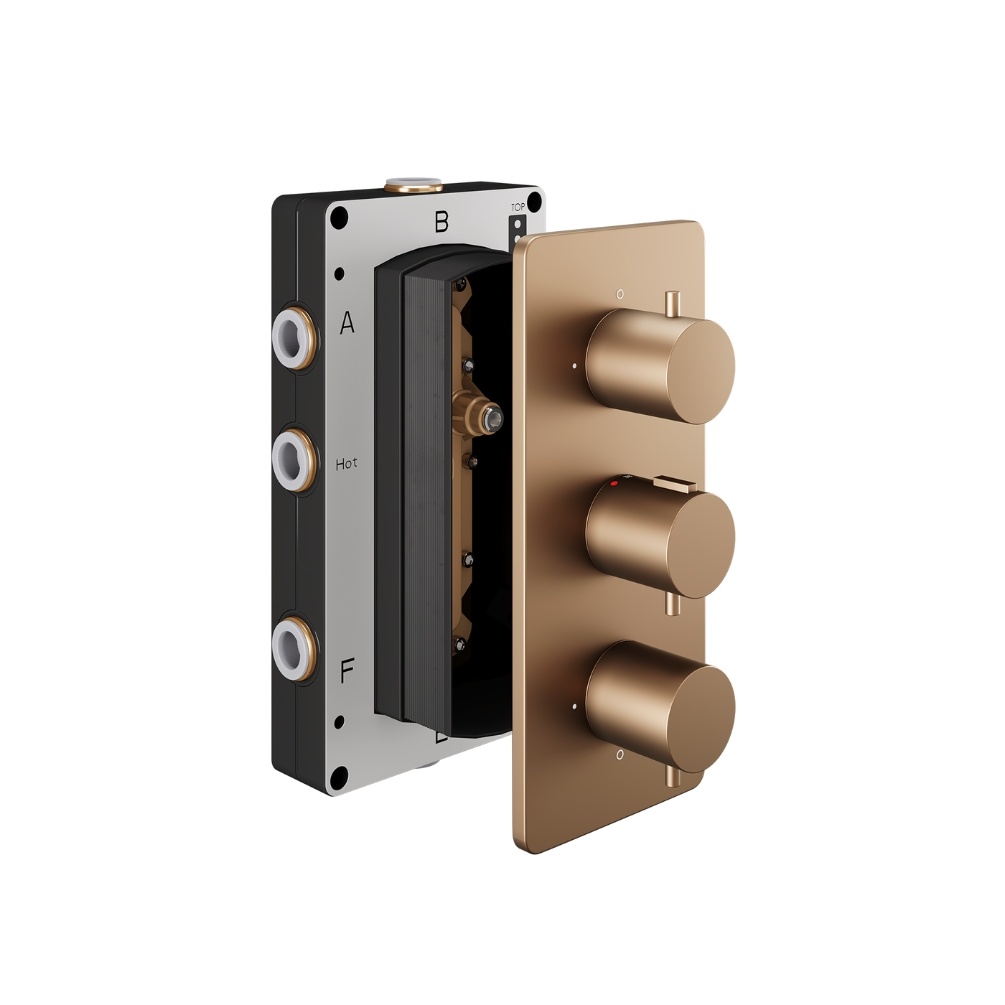 Product Cut out image of the Abacus Iso Brushed Bronze 3 Outlet 3 Handle Thermostatic Shower Valve